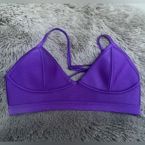 Bikini top, dark purple, shimmers in the sun. Size XS